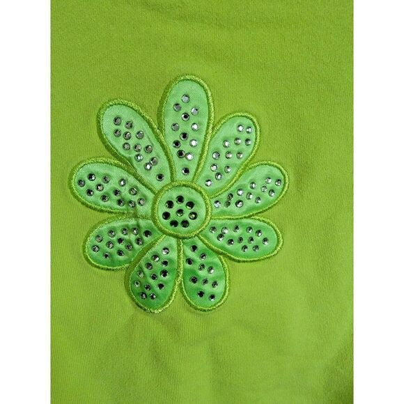 Quacker Factory 3/4 Sleeve‎ Stretch Knit Top Sz Large Lime Green Beaded Flower - Picture 3 of 4